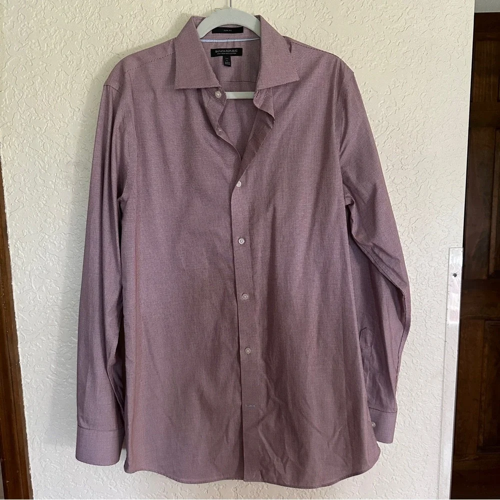 Banana Republic Men's Dress Shirt‎ Non-Iron Burgundy Red Checked Button Down LT